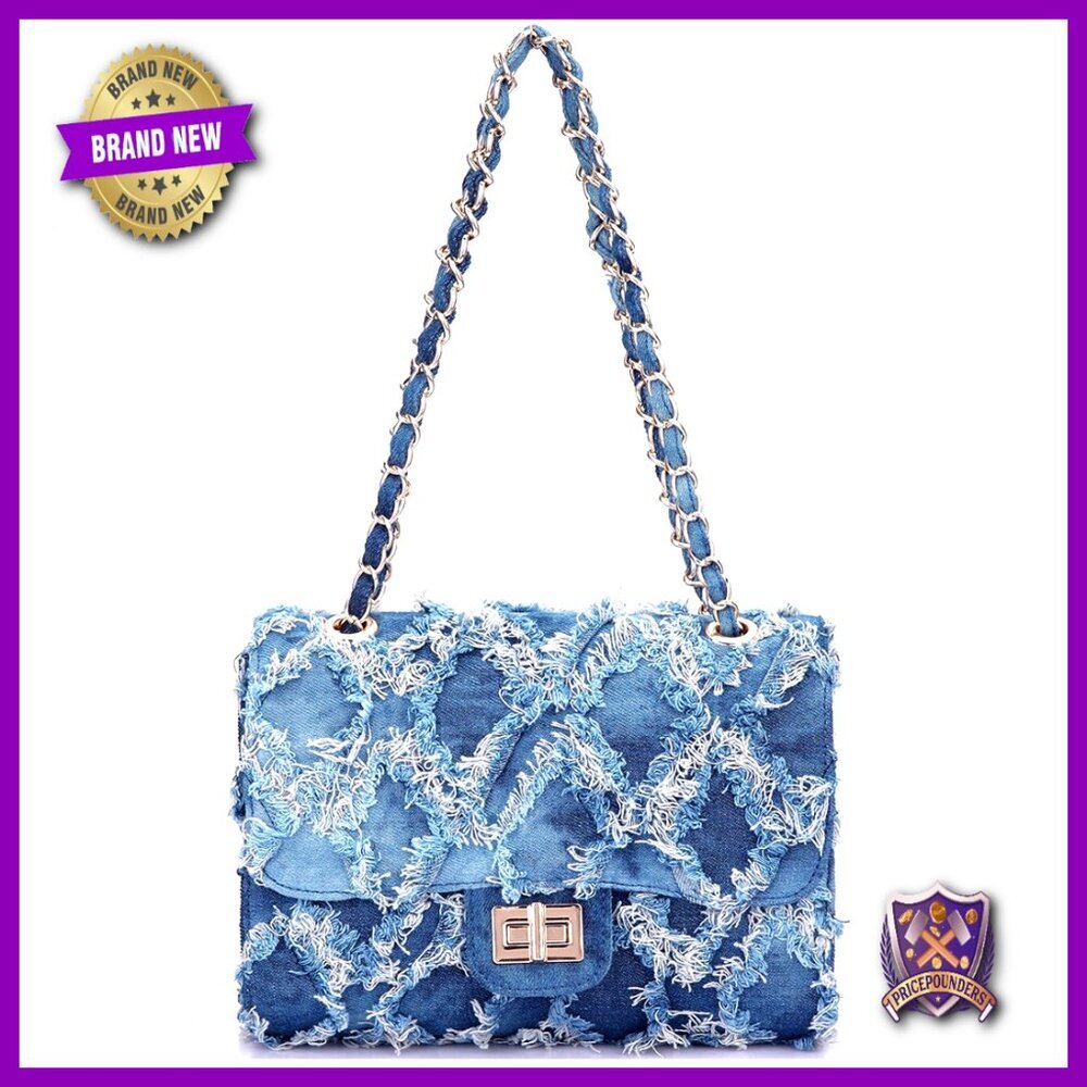 Distressed Denim Crossbody Bag Quilted Flap Chain Strap Evening Clutch
